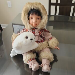 Inuit Porcelain Doll with Seal Plush - Brown and Cream